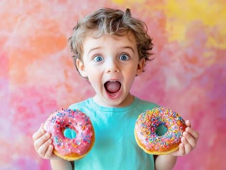 Happy child holding colorful donuts in a bright setting photo