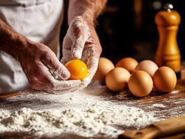 dominar el Arte de Pastelería con Fresco huevos y harina en el cocina foto