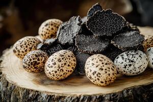Elegant display of quail eggs and black truffles on wooden platter photo