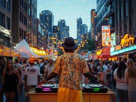Crowded street festival with a DJ playing music in the evening photo