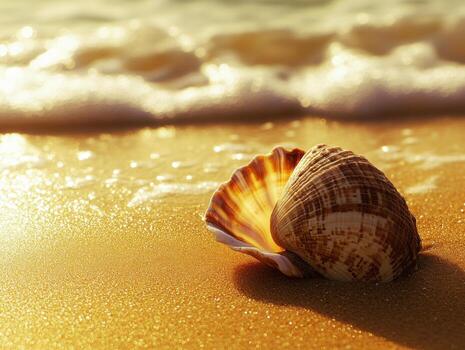 Beautiful shell resting on the sandy beach at sunset photo