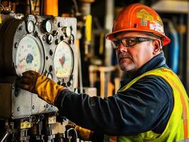 Experienced technician monitoring machinery at an industrial site photo