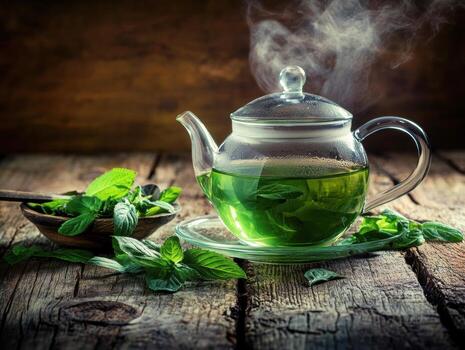 Fresh mint tea brewing in a glass pot with herbs on rustic table photo