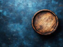 Rustic wooden platter or barrel on textured blue backdrop with natural hues photo