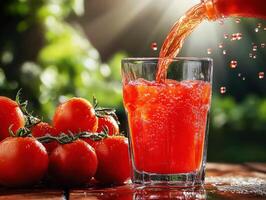 Refreshing tomato juice being poured into a glass with ripe tomatoes photo