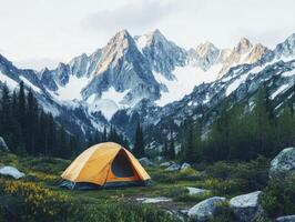 Bright orange tent nestled in a stunning mountain landscape photo