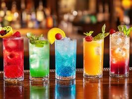 Colorful cocktails arranged on a bar for a festive gathering photo