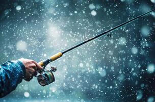 Fishing in the snow during a winter storm near a quiet lake photo