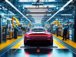 Innovative electric car assembly in a high-tech factory setting photo