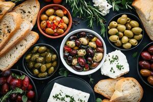 Mediterranean appetizer spread with olives, bread, and herbs photo