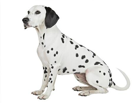 Dalmatian dog sitting calmly against a white background photo