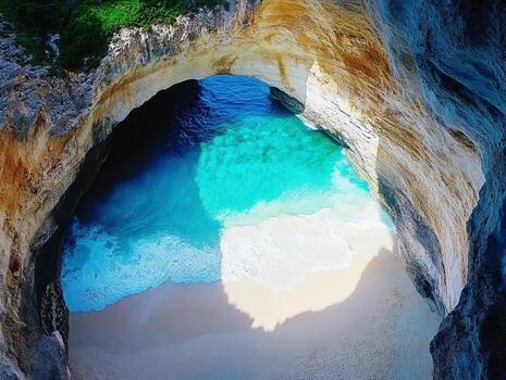 Glimpse of turquoise waters from a cave overlooking a sandy beach photo