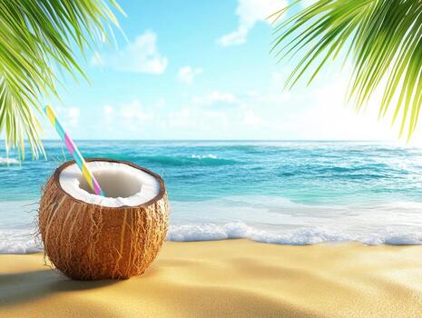 Enjoying a refreshing coconut drink on a sunny beach day photo