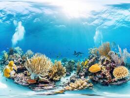 Underwater coral reef with diverse marine life and a shark photo