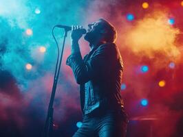 Singer performing under colorful stage lights during concert photo