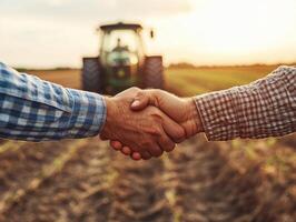 Farmers shaking hands in a field during sunset photo