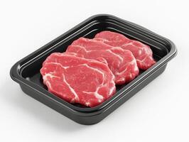 Fresh beef steaks displayed in a black tray ready for cooking photo