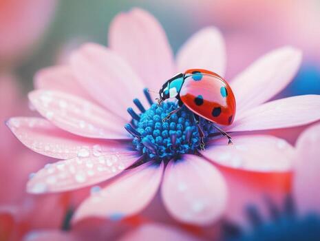 Ladybug resting on a colorful flower in springtime garden photo