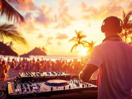 DJ performs at beach party during vibrant sunset photo
