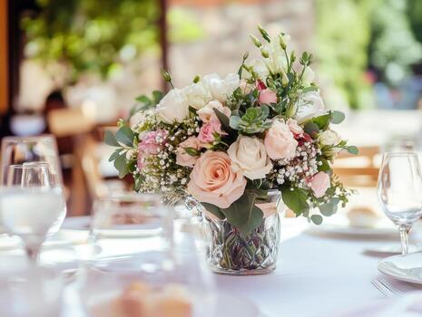 Centerpiece of fresh flowers on a dining table at a spring event photo