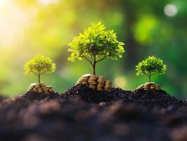 Growth of trees surrounded by piles of coins in a natural setting photo