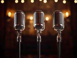 Vintage microphones set up for a live music performance photo