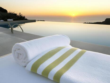 Relaxing poolside at sunset with towels ready for use photo