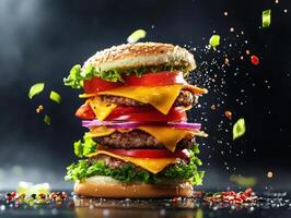 Delicious stacked burger with fresh ingredients and toppings photo