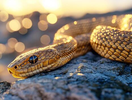 Golden snake resting on a rock during sunset photo