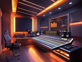 Modern music studio with advanced mixing console and warm lighting photo