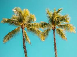 Tall palm trees sway under a clear blue sky with vibrant sunshine photo