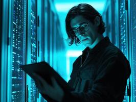 Technician reviews data on tablet in high-tech server room photo