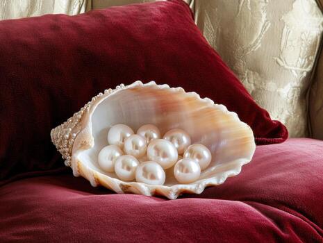 Pearl collection displayed in a shell on a velvet cushion photo