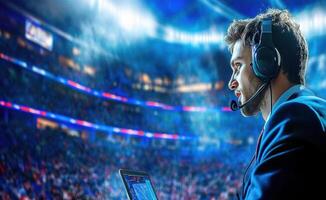 Exciting esports commentator in action at a live event photo