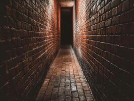 Narrow brick corridor with dim lighting in an old building photo