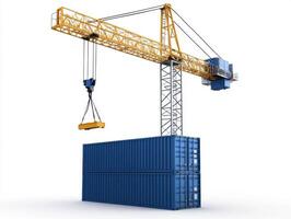 Crane lifting a shipping container at a construction site photo