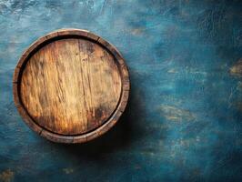 Wooden round tray on textured blue surface in a rustic setting photo
