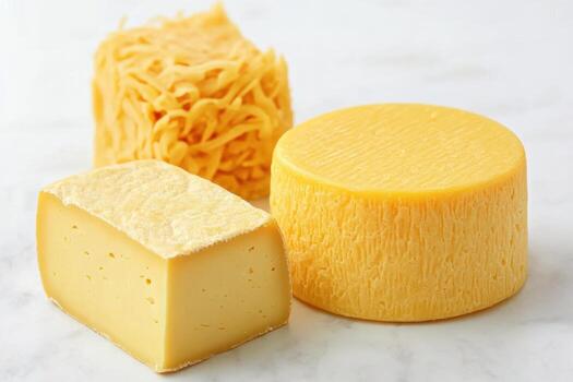 Different types of cheese arranged on a light surface photo