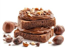 Delicious hazelnut spread on chocolate bread with nuts photo