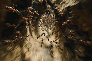 Ants actively moving through a tunnel in a natural setting photo