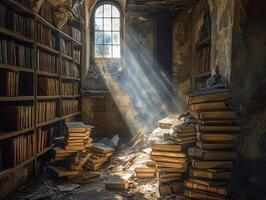 Dusty library with sun rays illuminating scattered books photo