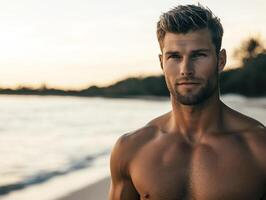 Shirtless man posing on beach during sunset near trees photo