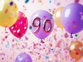 Celebration of 90 years with colorful balloons and confetti photo
