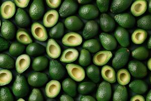 Fresh avocados arranged neatly on a dark surface in a vibrant display photo