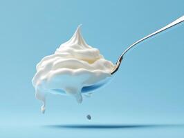 Delicious whipped cream on a spoon against a blue background photo