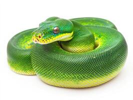Green python coiled elegantly on a bright surface photo