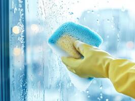 Cleaning a window with a sponge on a cloudy day photo