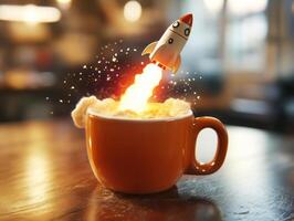Creative coffee cup with rocket launch concept in cozy cafe photo