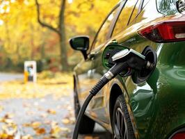 Charging electric vehicle in autumn park surrounded by colorful leaves photo