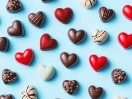 Colorful assortment of heart-shaped chocolates on blue background photo